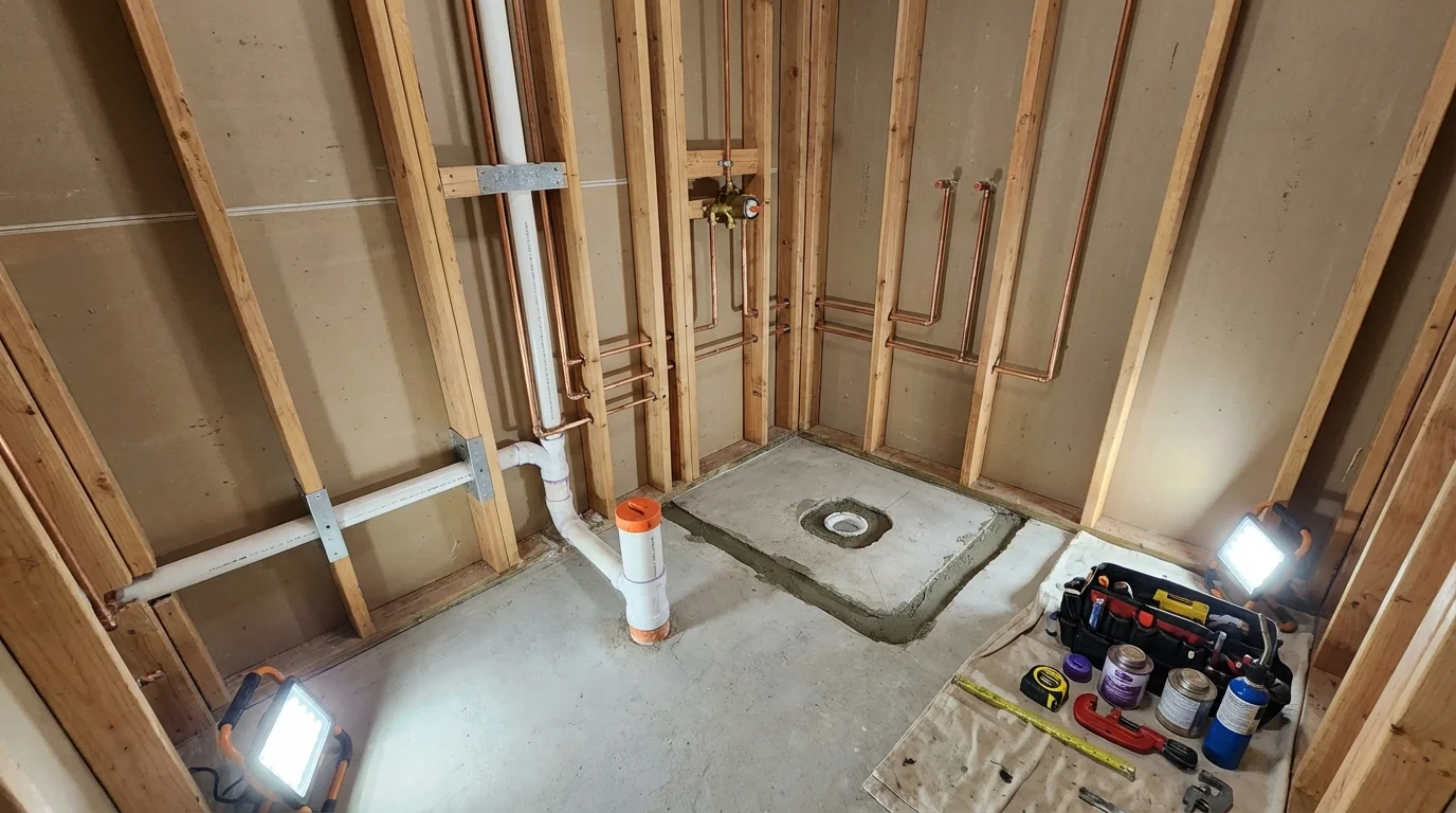 Bathroom rough-in plumbing during remodel by Johns Plumbing LLC in San Lorenzo