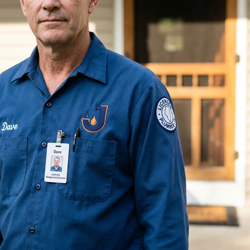 Licensed plumber showing ID badge in San Lorenzo, PR