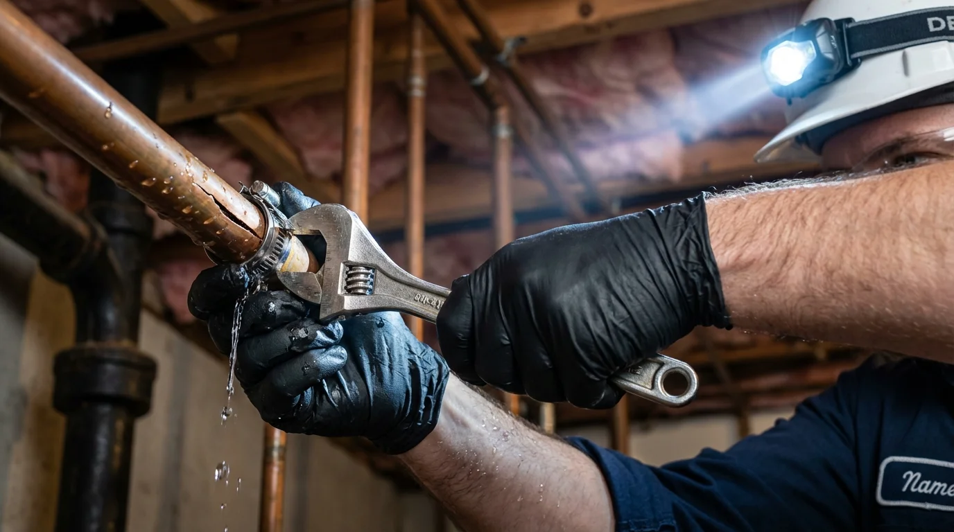 Emergency pipe clamp repair being performed by a Johns Plumbing LLC plumber in San Lorenzo