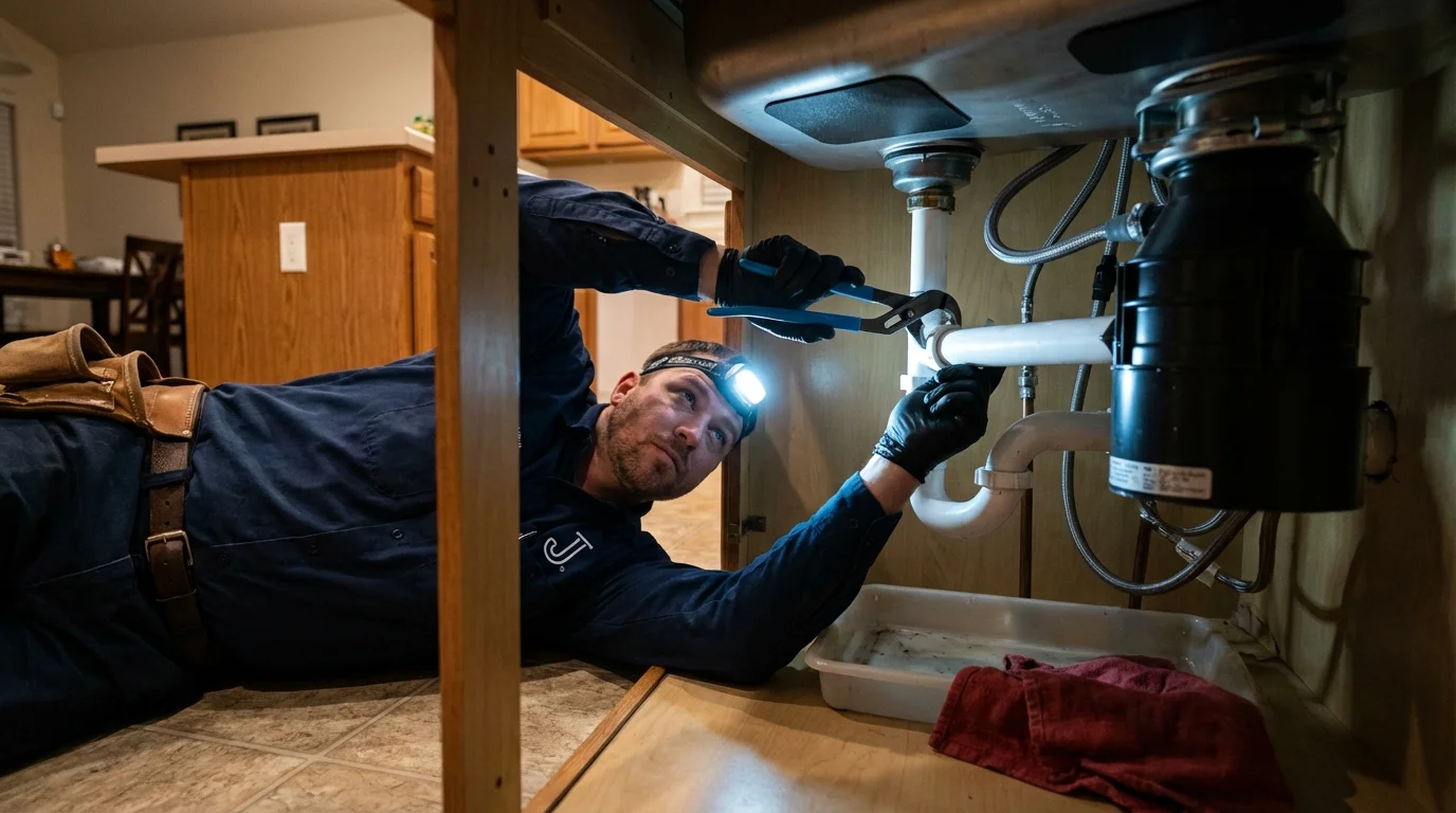 P-trap and supply line connections under a kitchen sink showing a common leak point in San Lorenzo, PR